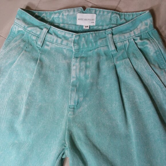 AVEC LES FILLES High Waist Retro Acid Wash Teal Green Pleated Wide Leg Jeans 24 - Picture 3 of 11
